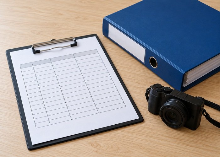 Illustrative blank electrical defect record beside closed equipment file and camera