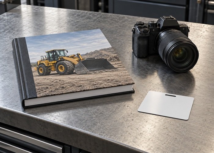 Illustrative blank loader identity card beside closed service manual and camera