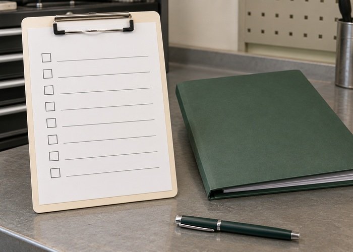 Illustrative blank raised-arm maintenance scope form beside closed service folder and capped pen