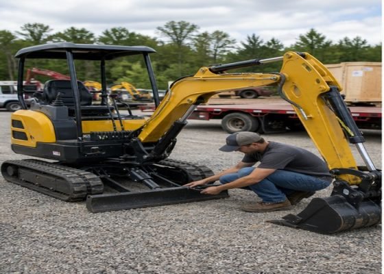 Buyer inspecting bucket pins and track condition on a compact mini excavator in a delivery yard