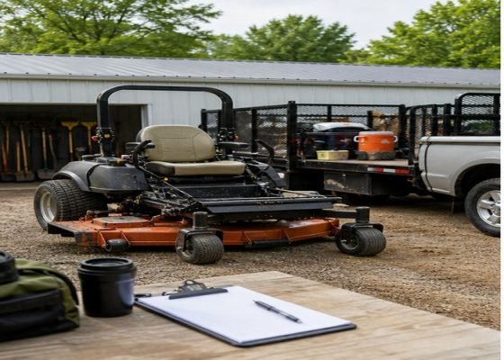 Commercial mower parked beside a work truck and route clipboard at a landscaping yard