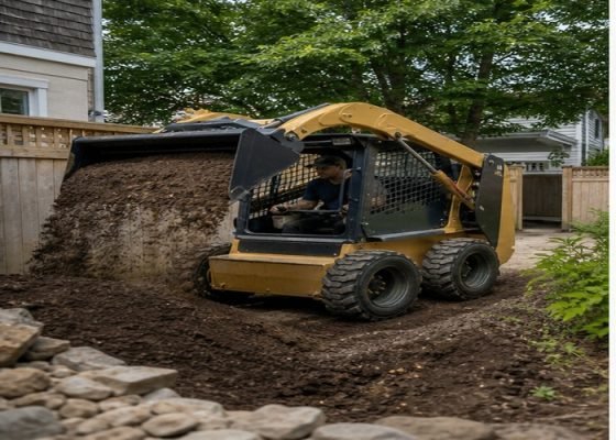 Compact skid steer digging soil in a constrained backyard