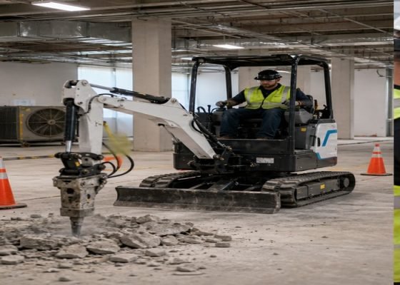Electric mini excavator breaking a concrete floor inside a controlled renovation site