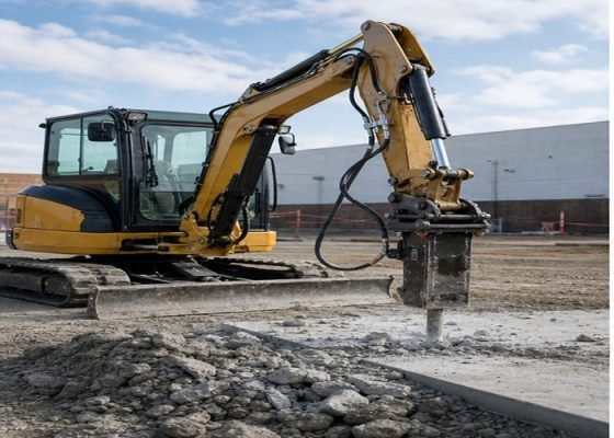 Mini excavator with hydraulic breaker positioned over a concrete slab