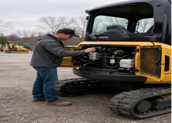 Buyer inspecting mini excavator service access panels and filters before purchase