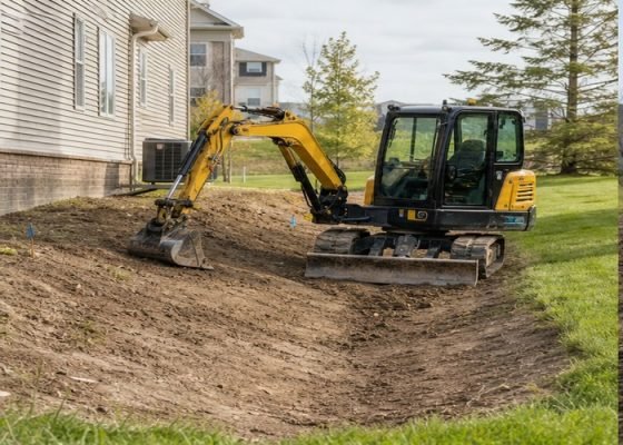Mini excavator shaping a shallow drainage swale beside a residential lawn