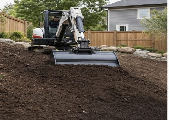 Mini excavator grading bucket spreading topsoil along a residential yard slope