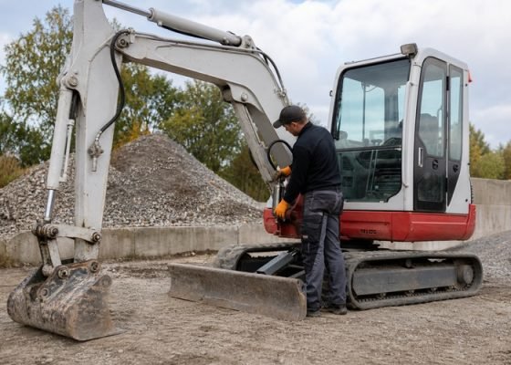 Technician greasing a mini excavator boom pivot