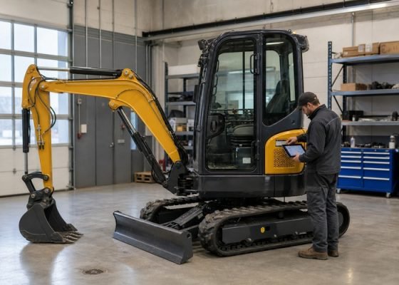 Technician identifying a mini excavator by serial record