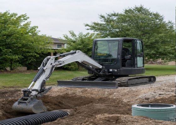 Mini excavator working on a small contractor drainage project