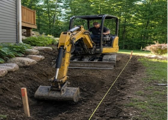 Mini excavator digging footing line for a low retaining wall with string line visible