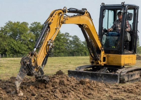 Mini excavator ripper tooth breaking hard clay on a rural jobsite