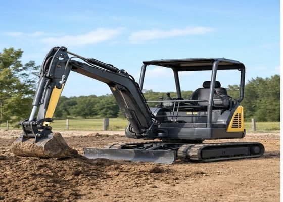 Mini excavator working on firm soil with intact rubber tracks