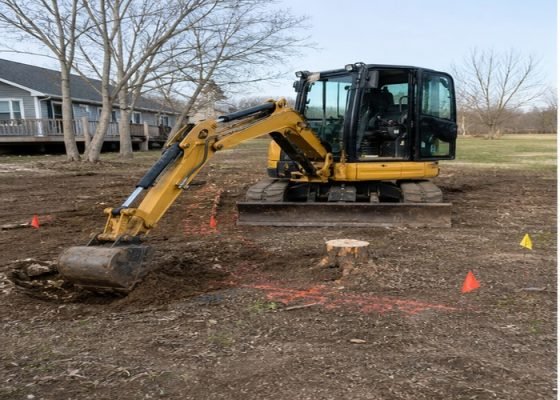 Mini excavator exposing roots around a small marked stump in an open yard