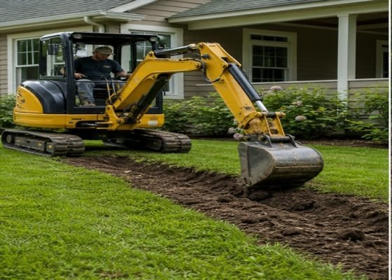 Mini excavator cutting a shallow drainage swale beside a residential lawn