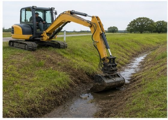 Mini excavator cleaning a drainage ditch with a hydraulic tilt bucket