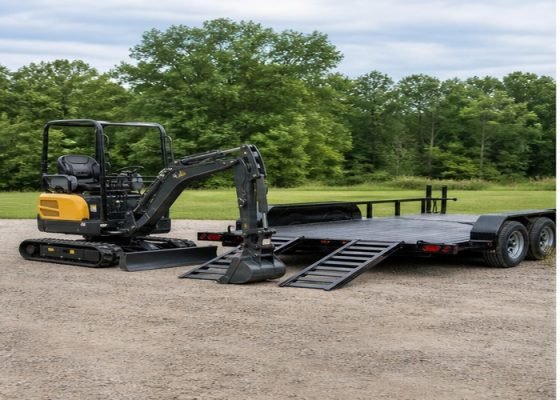 Mini excavator parked beside a trailer with ramps lowered for transport planning