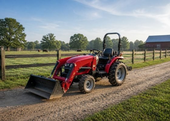 Low-horsepower compact tractor with loader on a small farm lane