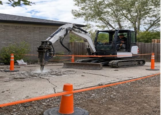 Mini excavator using a hydraulic breaker vertically on a cracked concrete patio