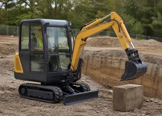 Mini excavator positioned for a controlled boom and bucket cylinder drift observation