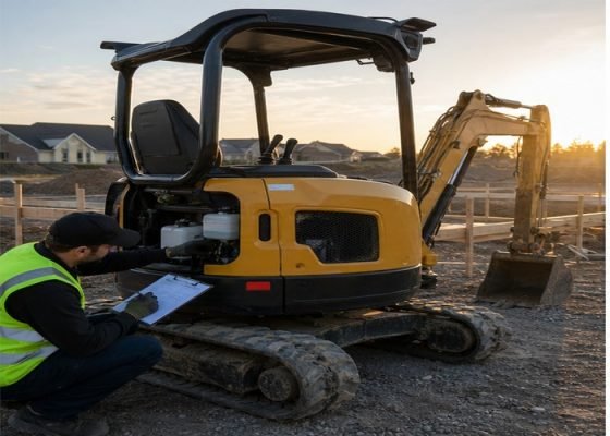 Operator checking fluids tracks bucket teeth and a clipboard during mini excavator daily inspection