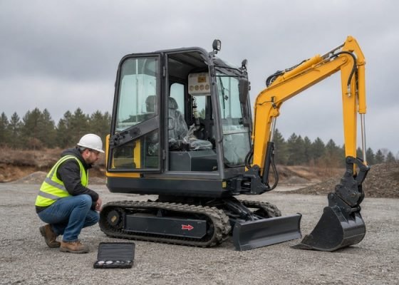 Technician inspecting the slew ring area of a mini excavator