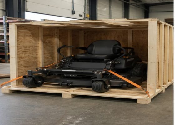 Commercial zero-turn mower secured in a shipping crate