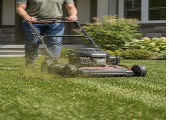 Walk-behind lawn mower mulching dry grass with fine clippings returning evenly to turf