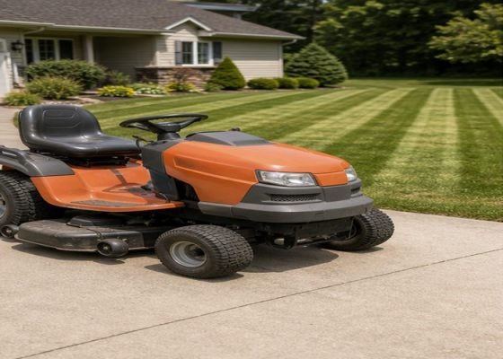 Riding lawn mower parked near lawn with uneven cut stripes visible