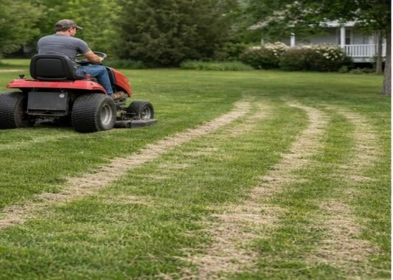 Riding lawn mower leaving uneven cut and scalping marks on a lawn