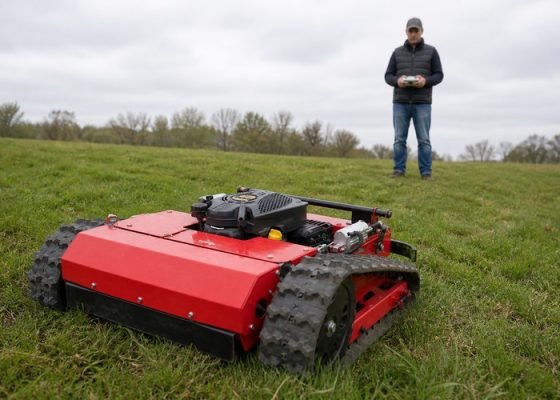 Operator pairing one handheld transmitter with a parked tracked remote control mower