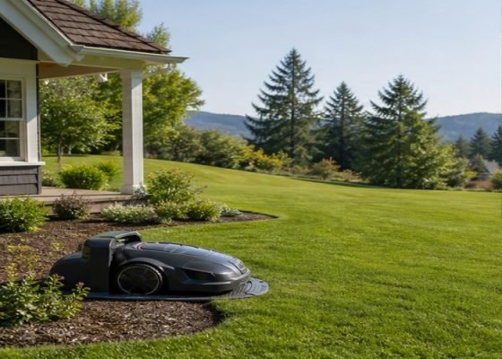 Robot lawn mower docked beside a landscaped suburban lawn with trees and a gentle slope