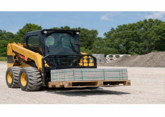 Skid steer carrying a low balanced pallet on a level gravel yard