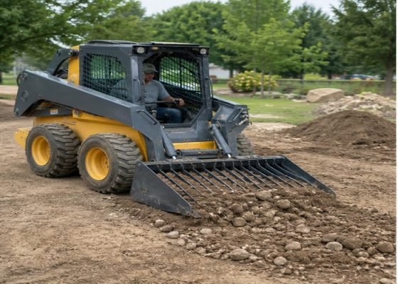 Skid steer skeleton bucket sifting rocks from dry topsoil