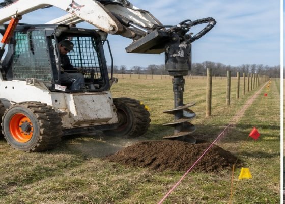 Skid steer drilling a straight post hole on a marked rural fence line