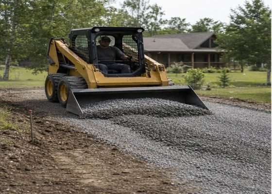 Skid steer bucket spreading gravel base on a rural driveway work pad