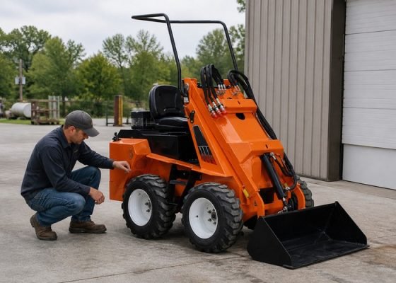 Technician preparing to inspect skid steer chaincase oil on a level service pad