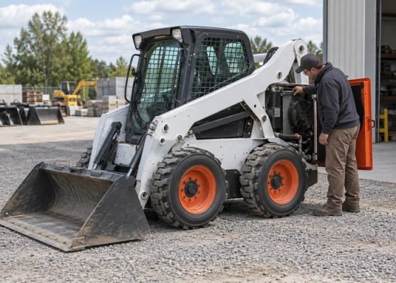Skid steer loader parked safely while a technician inspects the hydraulic cooling area