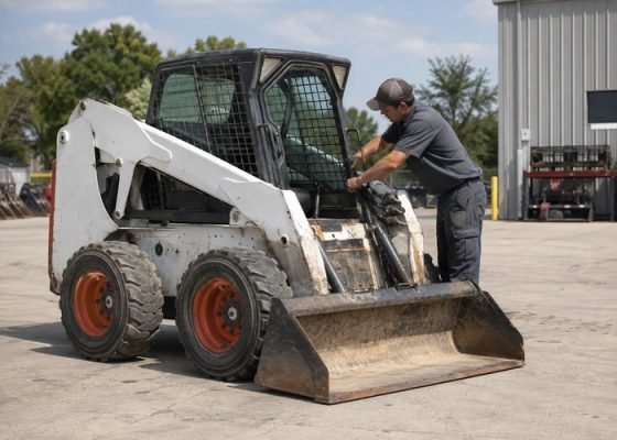 Skid steer with bucket lowered while a technician inspects the lift cylinder area