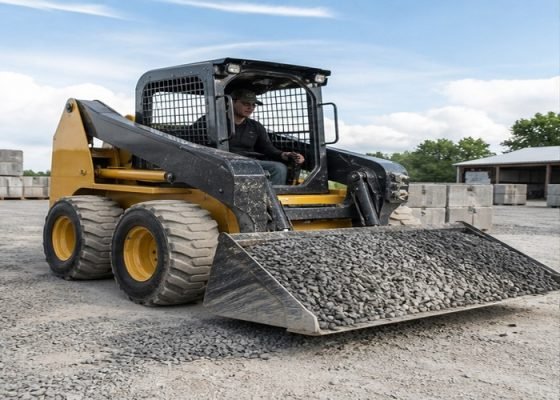 Wheeled skid steer moving gravel on a firm yard surface
