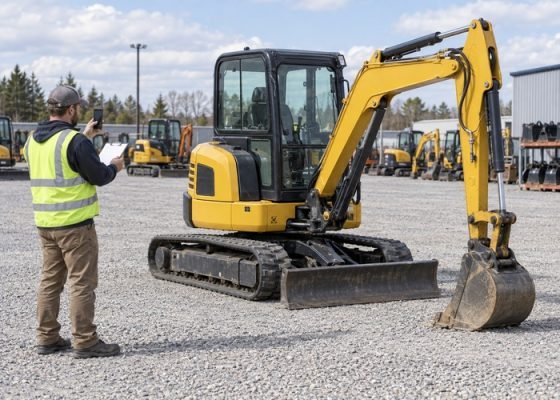 Illustrative mini excavator parked with its bucket grounded while an employee records its condition
