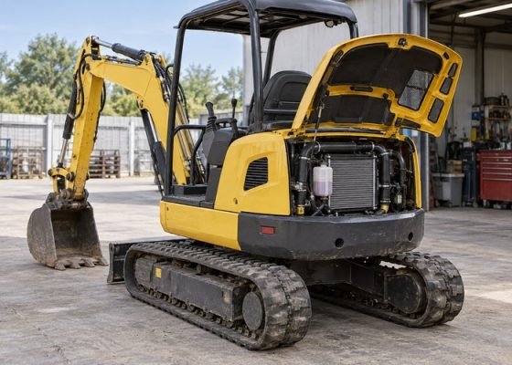 Illustrative parked mini excavator with bucket grounded and rear cooling compartment open