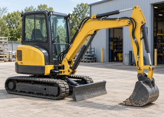 Illustrative parked mini excavator with grounded bucket and hydraulic hose routing