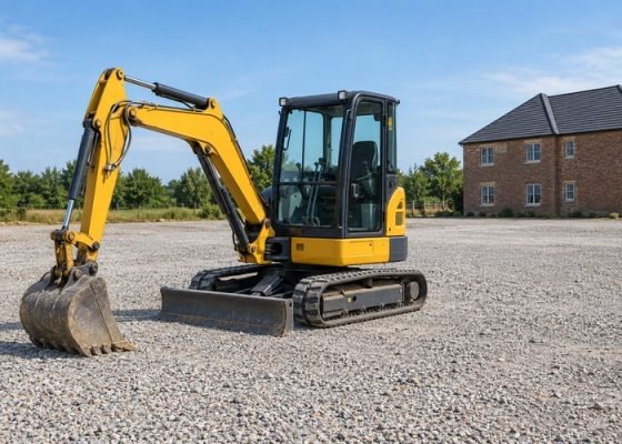 Illustrative parked mini excavator on wide gravel yard with distant building