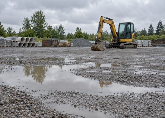 Illustrative wet staging yard with mini excavator parked on separate level area