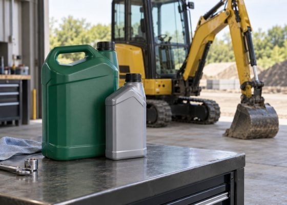 Illustrative sealed hydraulic lubricant containers with a parked excavator in the background