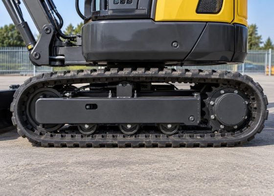 Illustrative stationary rubber undercarriage on level pavement