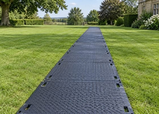 Illustrative modular ground-protection panels laid flat across a level lawn