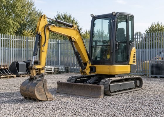 Illustrative compact excavator parked with grounded bucket inside a fenced equipment yard