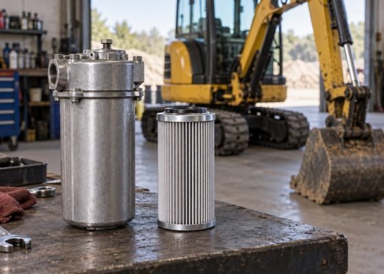 Illustrative hydraulic filter housing and spare cartridge with a parked excavator in the background